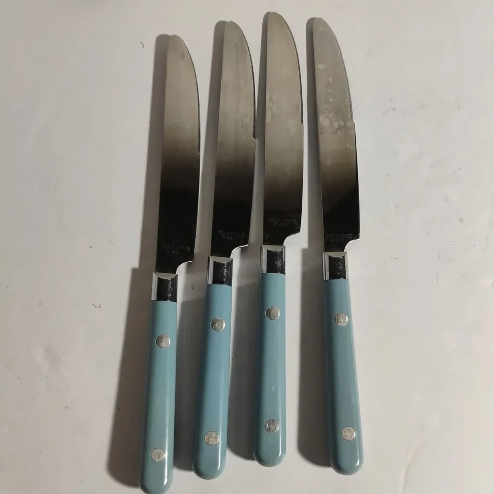 Vintage 18Pc Sky Blue Plastic Riveted Handle Stainless Flatware Made in Taiwan